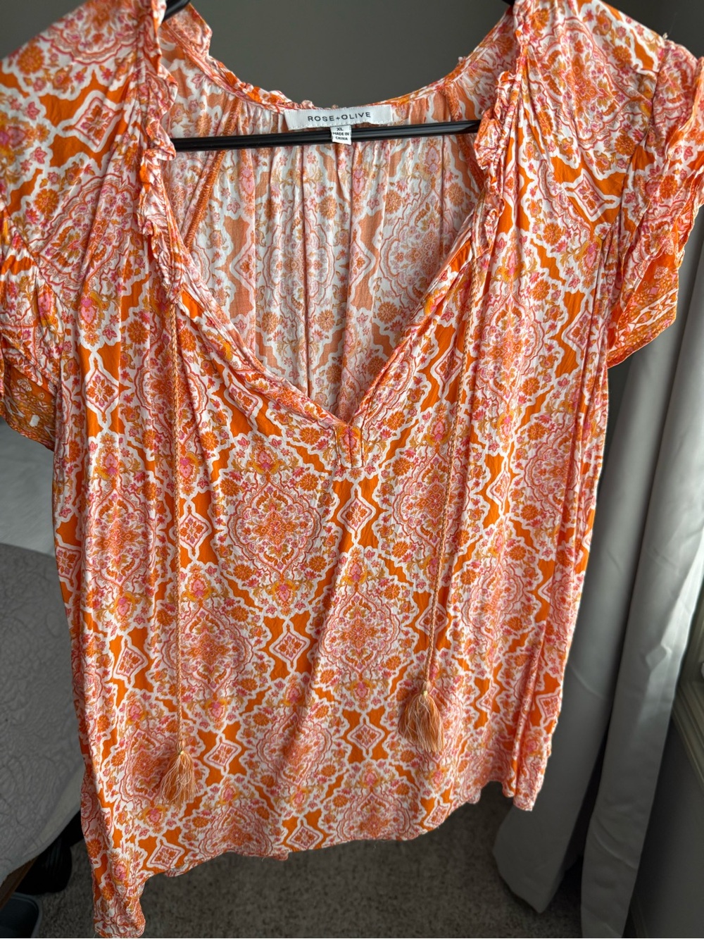 Rose & Olive Orange Printed Tie-Front Tunic Top